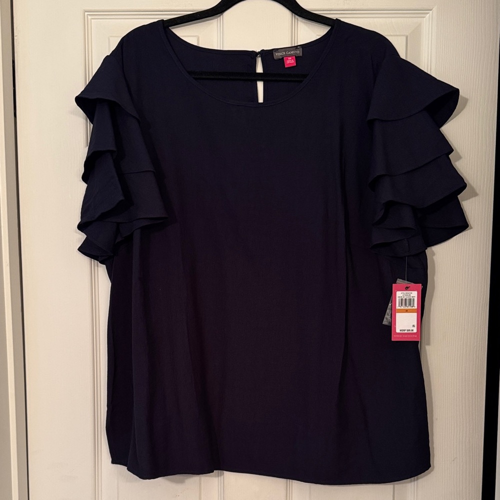 Vince Camuto Navy blue Ruffle short Sleeve Blouse NWT absolutely gorgeous